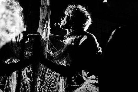 Actress rehearsing a role with mirror