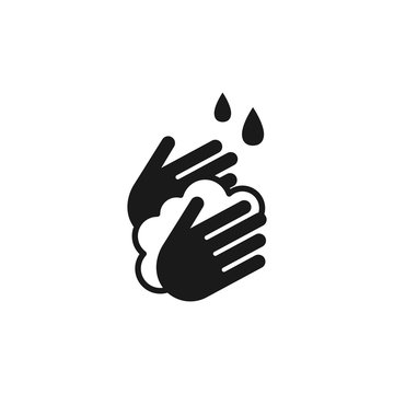 Hands washing with soap foam and water drops black isolated vector icon.