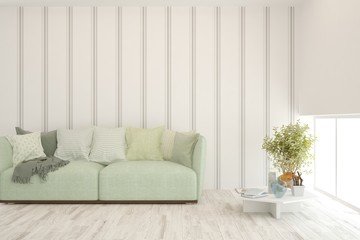 White living room with sofa. Scandinavian interior design. 3D illustration