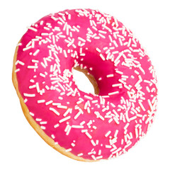 Pink donut with colorful sprinkles isolated on white background