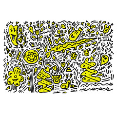 Black and white doodle style illustration with yellow. Flowers, pots, snail and crocodile doodle characters. Beautiful illustration for textiles.