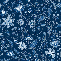 Chintz seamless pattern. Blue floral background. Indian Fabric with blue flowers