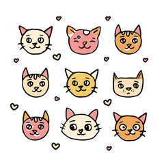 Hand drawn doodle set of cute cats heads, children design print for t-shirt and kids products 