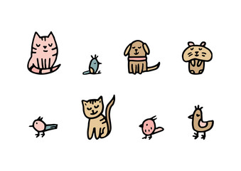 Doodle set with pets; cat, dog, hamster, parrot, birds. Vector illustration in pink, grey, beige colors 