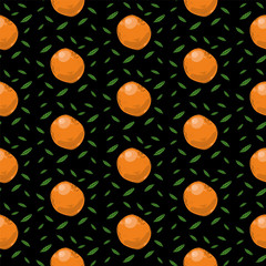 Citrus fruits flat hand drawn illustration. Fruits and foliage cartoon characters. Oranges, tangerines and foliage Scandinavian style. Citrus and green foliage seamless pattern, wrapping paper, bright