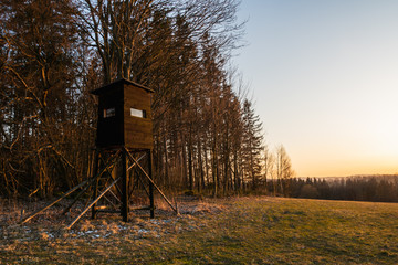 Hunting tower in wild forest. Wooden Hunter Hide High watch post tower. Hunter's observation point...