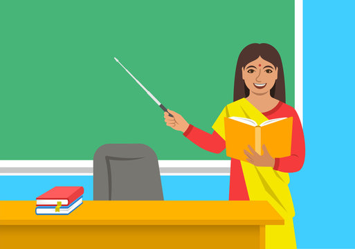 Indian woman teacher in sari standing with open book and pointer at the blackboard in classroom. School class interior. Education concept. Cartoon vector illustration. Back to school banner.