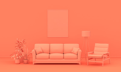 Interior room in plain monochrome pinkish orange color with furnitures and room accessories. Light background with copy space. 3D rendering