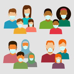 Family in protective medical masks. Protection mask against virus, infectious diseases and flu. Vector