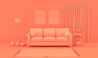 Interior room in plain monochrome pinkish orange color with furnitures and room accessories. Light background with copy space. 3D rendering - obrazy, fototapety, plakaty