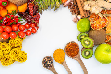 Colourful various herbs and spices for cooking on  background
