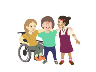 Three girls with special needs hugs and smiling together , disable girl on a wheelchair, one with down syndrome and dark color girl with vitiligo. Cartoon style vector illustration about socializing