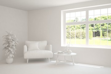 White living room with armchair and green landscape in window. Scandinavian interior design. 3D illustration