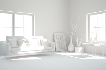 White minimalist living room with sofa. Scandinavian interior design. 3D illustration