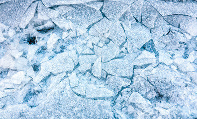 Broken ice outdoor during Winter. Beautiful surface in its blue colors. Cold weather up in the North of Europe.