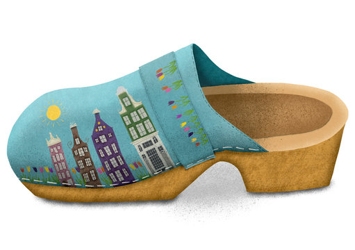A dutch wooden shoe with Amsterdam houses against a green background