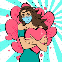 Pop art woman in mask with hearts. Background in comic style retro pop art. Illustration for print advertising and web. Face close-up.