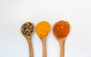 Colourful various herbs and spices for cooking on  background