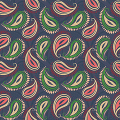 Paisley seamless traditional pattern in vector. Multicolored ornament green, purple, yellow background