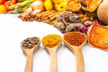 Colourful various herbs and spices for cooking on  background