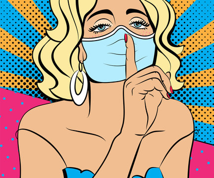 Pop art woman in mask. Background in comic style retro pop art. Illustration for print advertising and web. Face close-up.