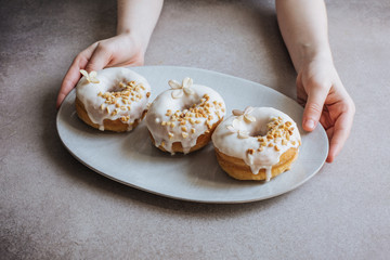 Donuts with white chocolate icing