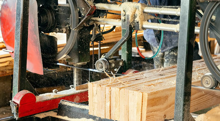 Working tape sawmill in action, close-up