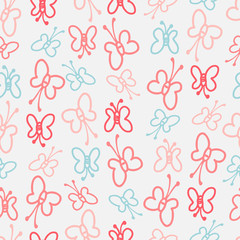 Modern seamless vector stylised design pattern with abstract lined pastel pink and blue butterflies on white background. Perfect for printing on paper, stickers, badges, bijouterie, cards, textiles. 