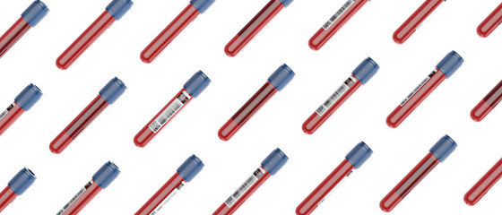 Blood test vials tubes samples abstract pattern background, outbreak pandemic test, medical blood donation concept 3d illustration