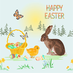 Seamless texture Happy easter spring landscape forest Easter  wicker  and easter eggs and hare easter chick and butterfly in the grass with flowers vintage vector illustration editable hand draw