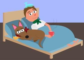 Obraz na płótnie Canvas cartoon characters of man and dog liying sick in bed with tea and getting well funny vector illustration