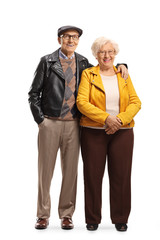 Senior couple wearing leather jackets