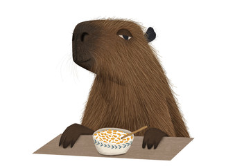  Illustrated adorable capybara eating a bowl with cornflakes