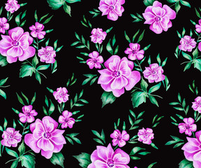 Watercolor pattern. Pink bouquets of flowers with leaves on a black background. Idea for textiles.