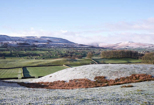 View over Hawes on a frost covered morning. Wensleydale, Yorkshire, UK.