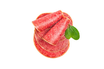 Salami slices isolated on white background.