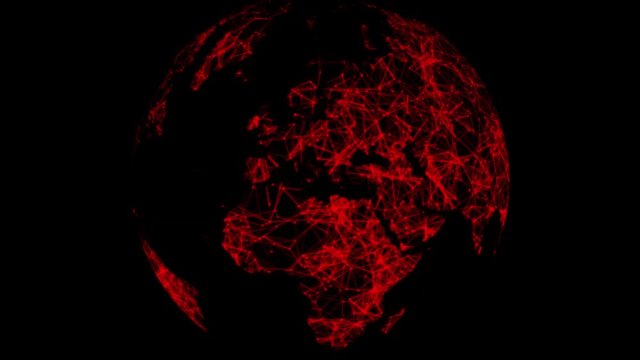 red Earth globe rotates and the frame is approaching Europe, The virus is spreading around the world, on black background; the planet rotates; global pandemic covid-19, coronavirus