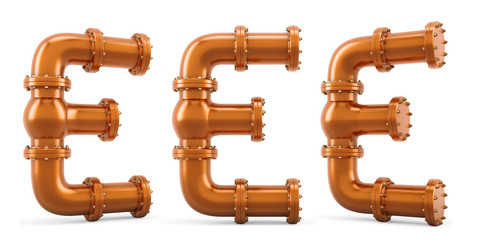 Letter E from copper pipes, 3D rendering