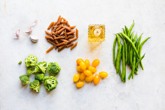 Cooking ingredients with vegetables and pasta