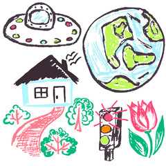 Cute childish drawing with wax crayons