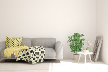 White living room with sofa, wooden table and home plant. Scandinavian interior design. 3D illustration