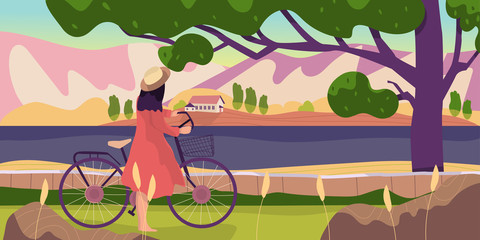 Hand drawn of beautiful landscape with a girl. Trendy vector illustration. All elements are isolated.