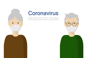 old people: grandparents in medical masks. Protect yourself from viruses and pollution. Flat style characters for posters and banners about pandemic.