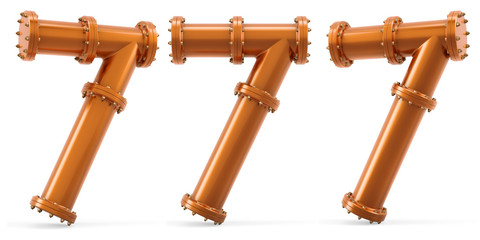 Number 7 from copper pipes, 3D rendering