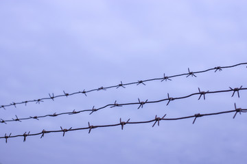 Barbed wire on fence on a background of blue clouds, protected object, no trespassing