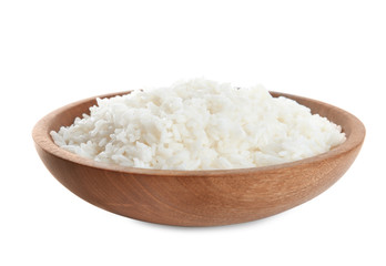 Wooden bowl with cooked rice isolated on white