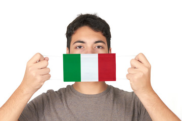 Portrait of man wearing medical mask on white background