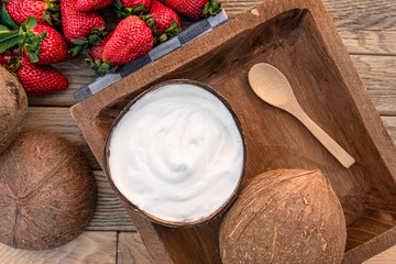 Yogurt with spoons,Healthy breakfast with Fresh greek yogurt, muesli on background