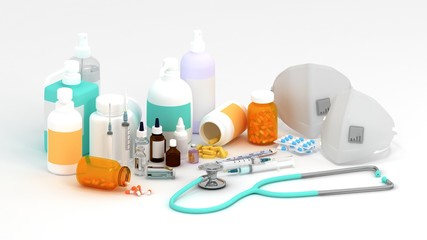 3D drugs and medical staf for treatment medication. Pharmaceutical medicament, cure in container for health. Pharmacy theme, capsule pills with medicine antibiotic in packages.