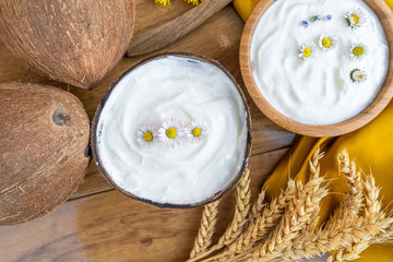 Yogurt with spoons,Healthy breakfast with Fresh greek yogurt, muesli on background
